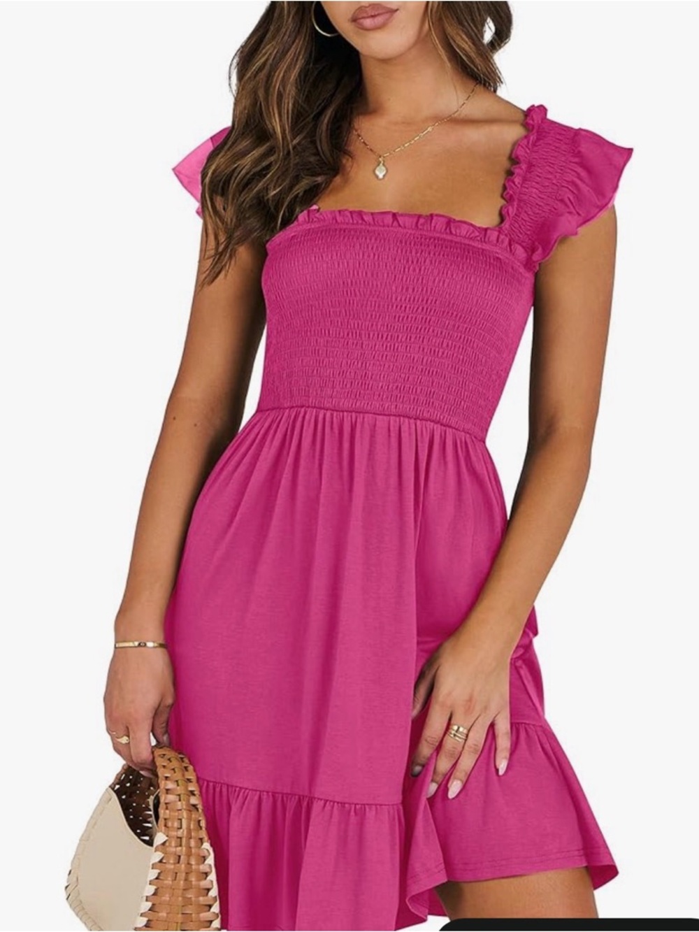 Smocked Square Neck Ruffle Sleeve Mini Dress - Fuchsia